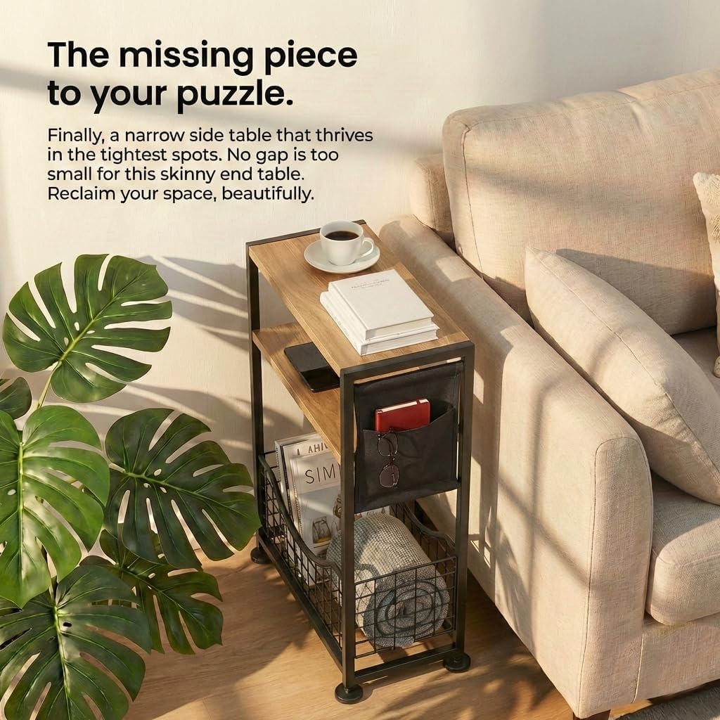 ZEXVIDA Narrow Side Table, 3-Tier Slim End Table with Magazine Holder and Fabric Storage