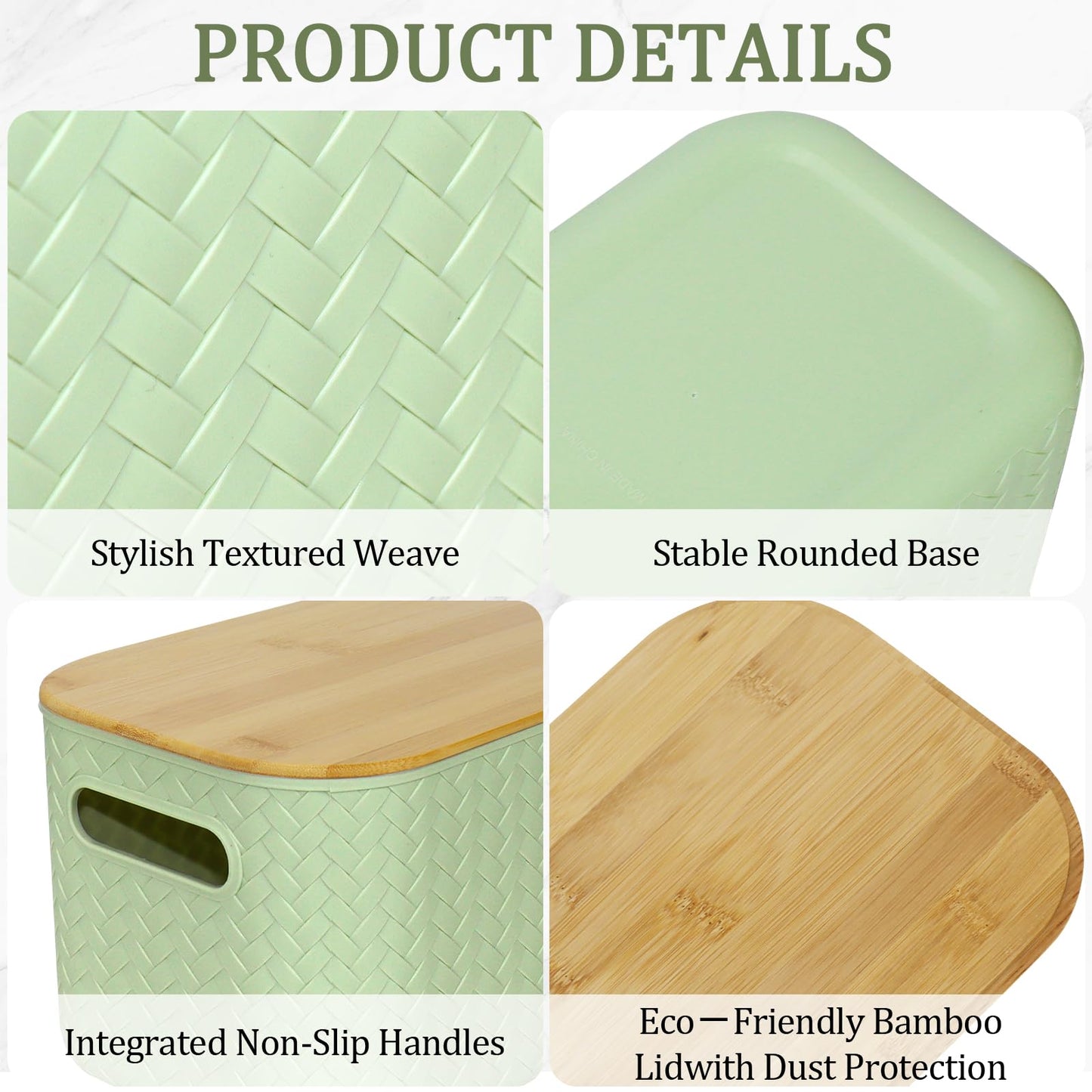 RWFMO 4 Pcs Plastic Green Storage Baskets with Bamboo Lid for Bathroom