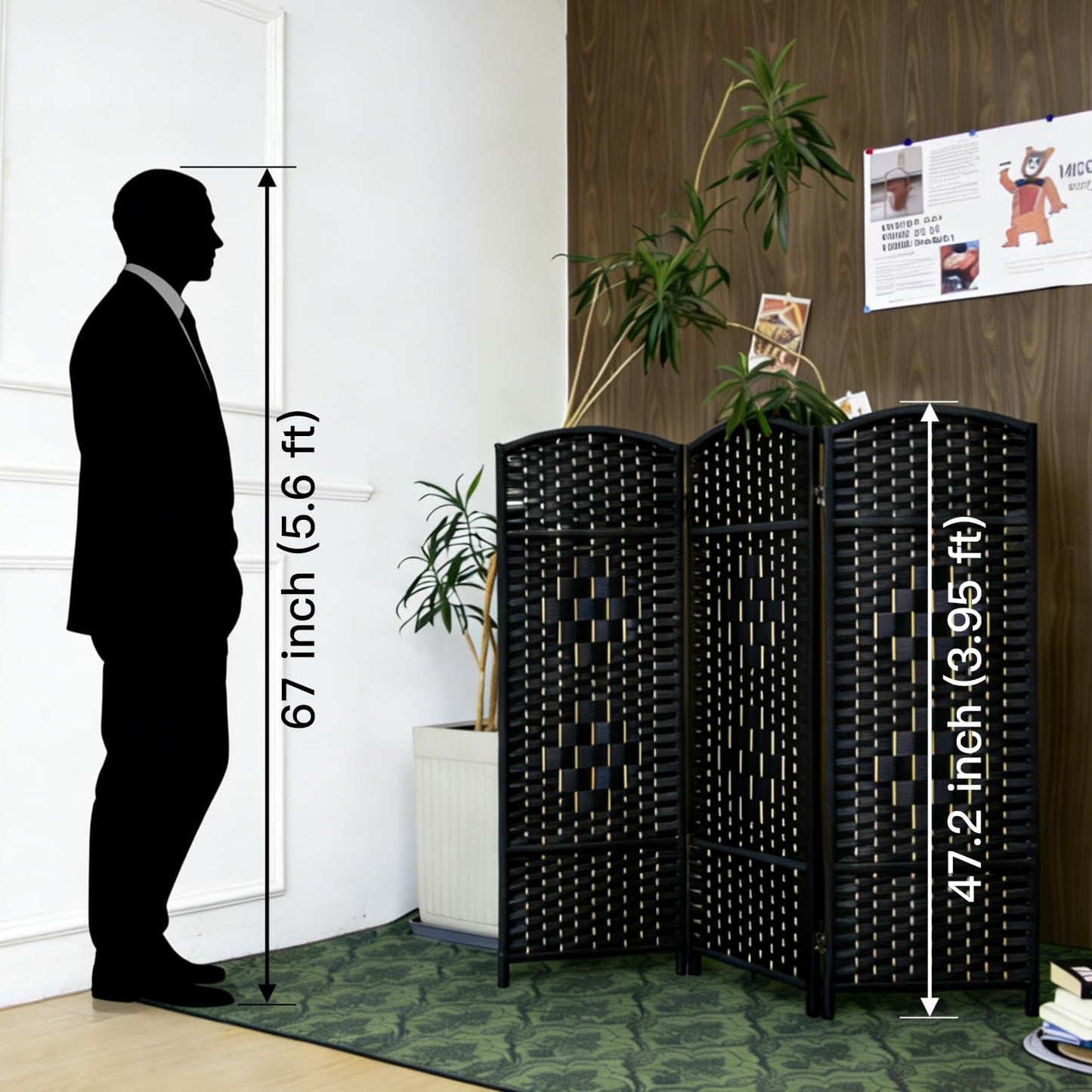 Furnnylane 3 Panel Black Rattan Divider Short Room Partition Screen,Double Sided Short Folding Divider for Room Separation,120 cm Tall