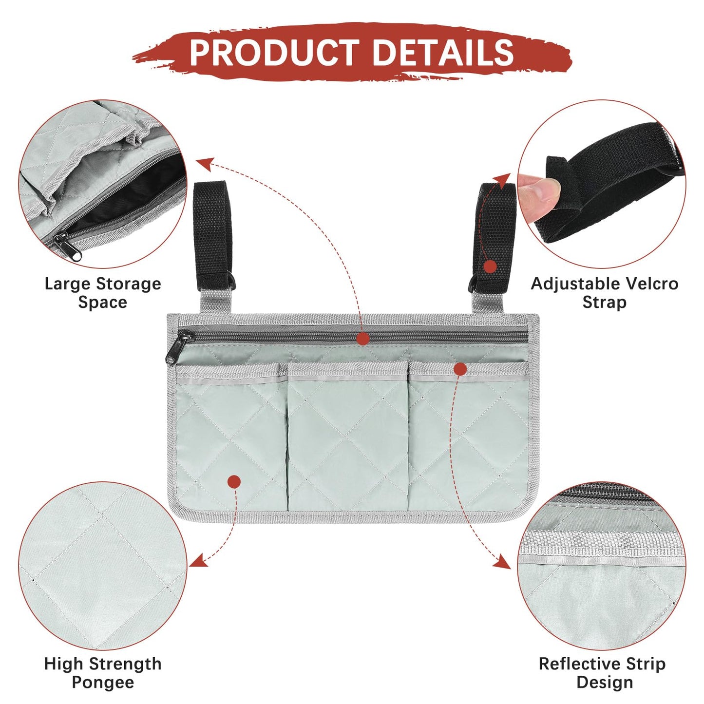 TIXIPEM 1-Pack Beach Chair Armrest Bag 12.8"x7" Polyester Grey