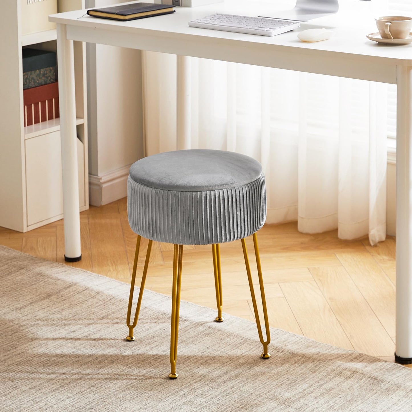 IBUYKE Storage Footrest Chair Ottoman, Makeup Vanity Stool, Grey L/G-20G