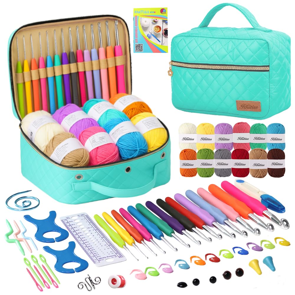Knitiss Crochet Kits for Beginners Adults, All-Inclusive Crochet Kit for Adults with 14 Size Ergonomic Crochet Hooks,12 Crochet Yarns Balls & Crochet
