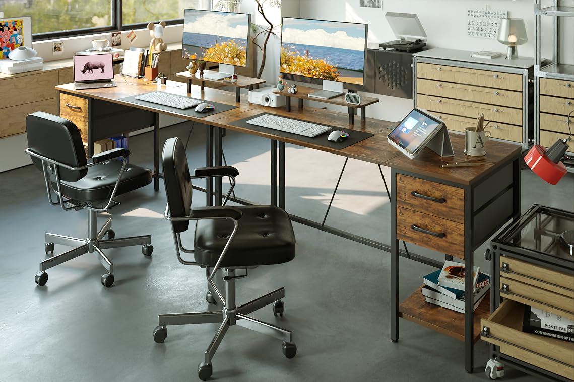 Xyphren 100cm Computer Desk with Drawers & Power Outlets, Office Desk with Storage Monitor Stand, Reversible Small Desks for Home Office Bedroom