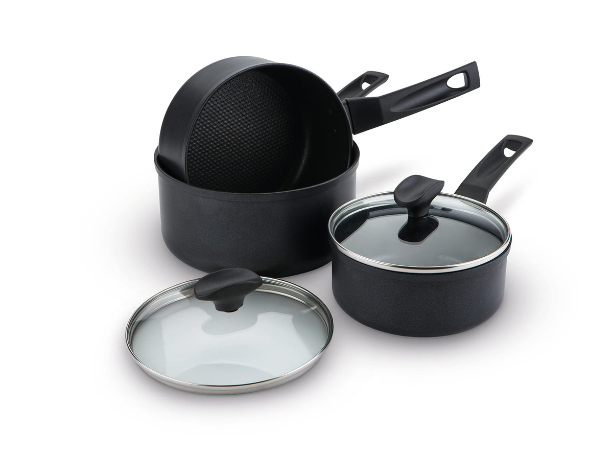 Prestige - 9x Tougher - 3 Piece Saucepan Set - Durable Cookware - Superior Dimpled Non-Stick - Induction Suitable - Dishwasher and Oven Safe - Glass