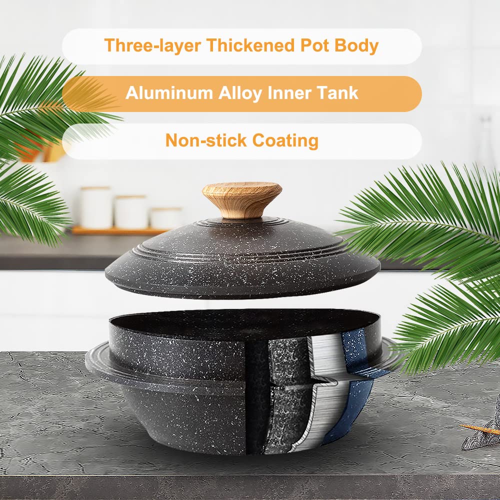 Bobikuke Cast Aluminum Pot with Lid, 24 cm Non-Stick Casserole Dish Korean Stone Bowl Induction Compatible, Black