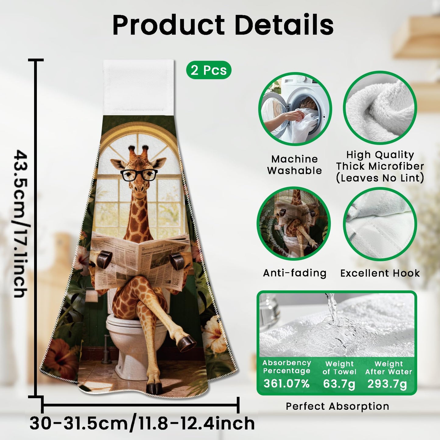 CUTHOLLOW 2 Pcs Funny Toilet Giraffe Hanging Kitchen Towels with Loop