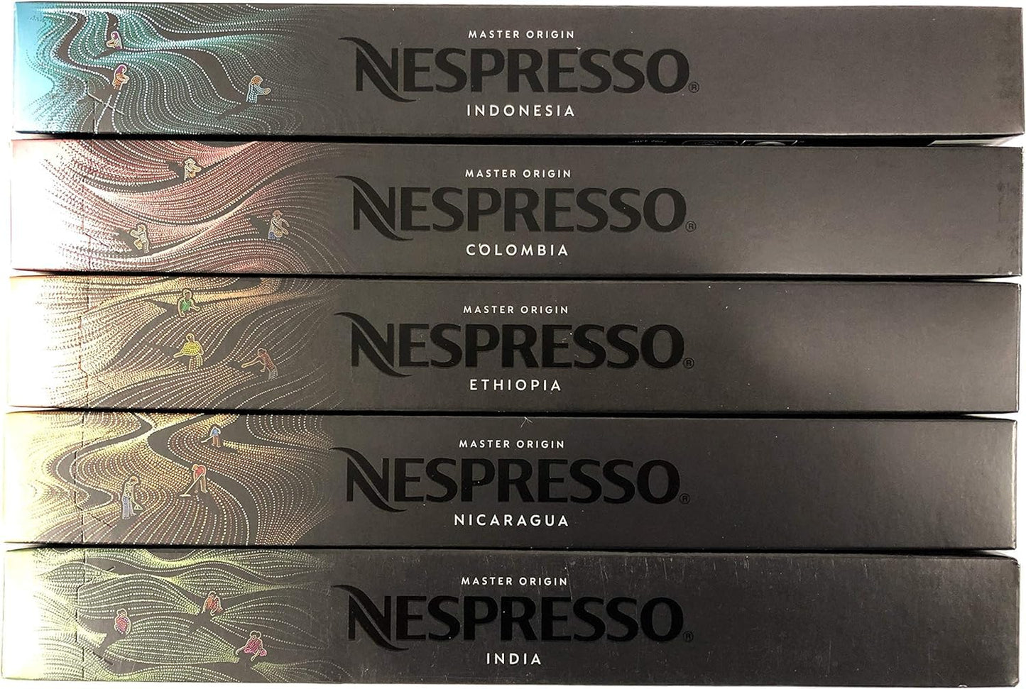 Nespresso OriginalLine Master Origin Variety Pack: Colombia, Ethiopia, India, Indonesia, Nicaragua, 50 Capsules - Not Compatible with Vertuolin