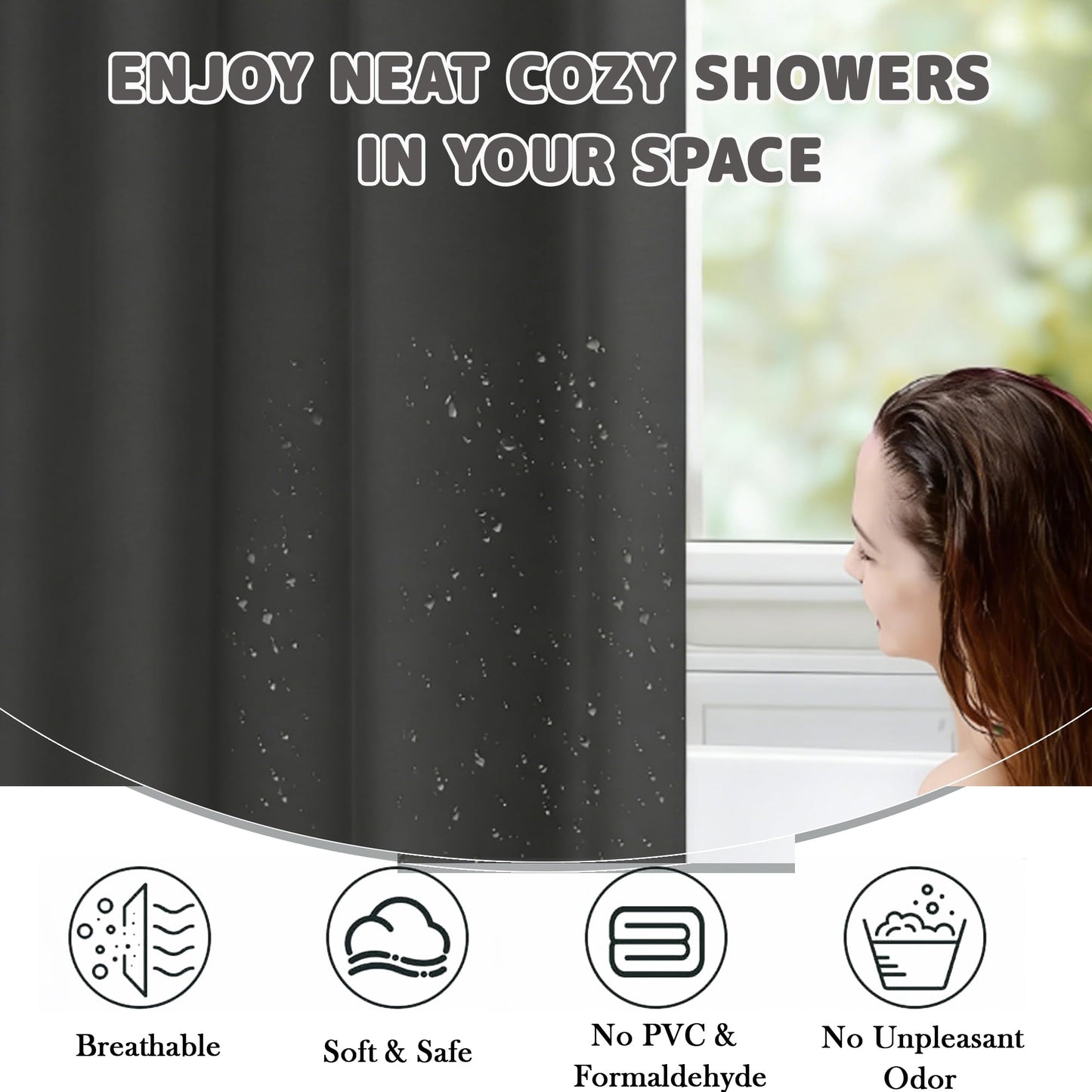 AmzDaKai Shower Curtain PEVA, Waterproof Anti-Mould Bath Curtain with Weight Tape & 12 Hooks, 180x180 cm (71x71 Inch) for Bathroom (Black)