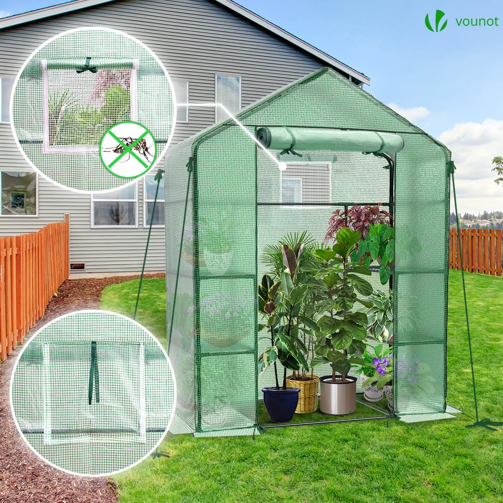VOUNOT? Walk In Greenhouse with Shelves, Portable Plastic Green House for Garden & Outside, Large Growhouse, Green 143x73x195cm