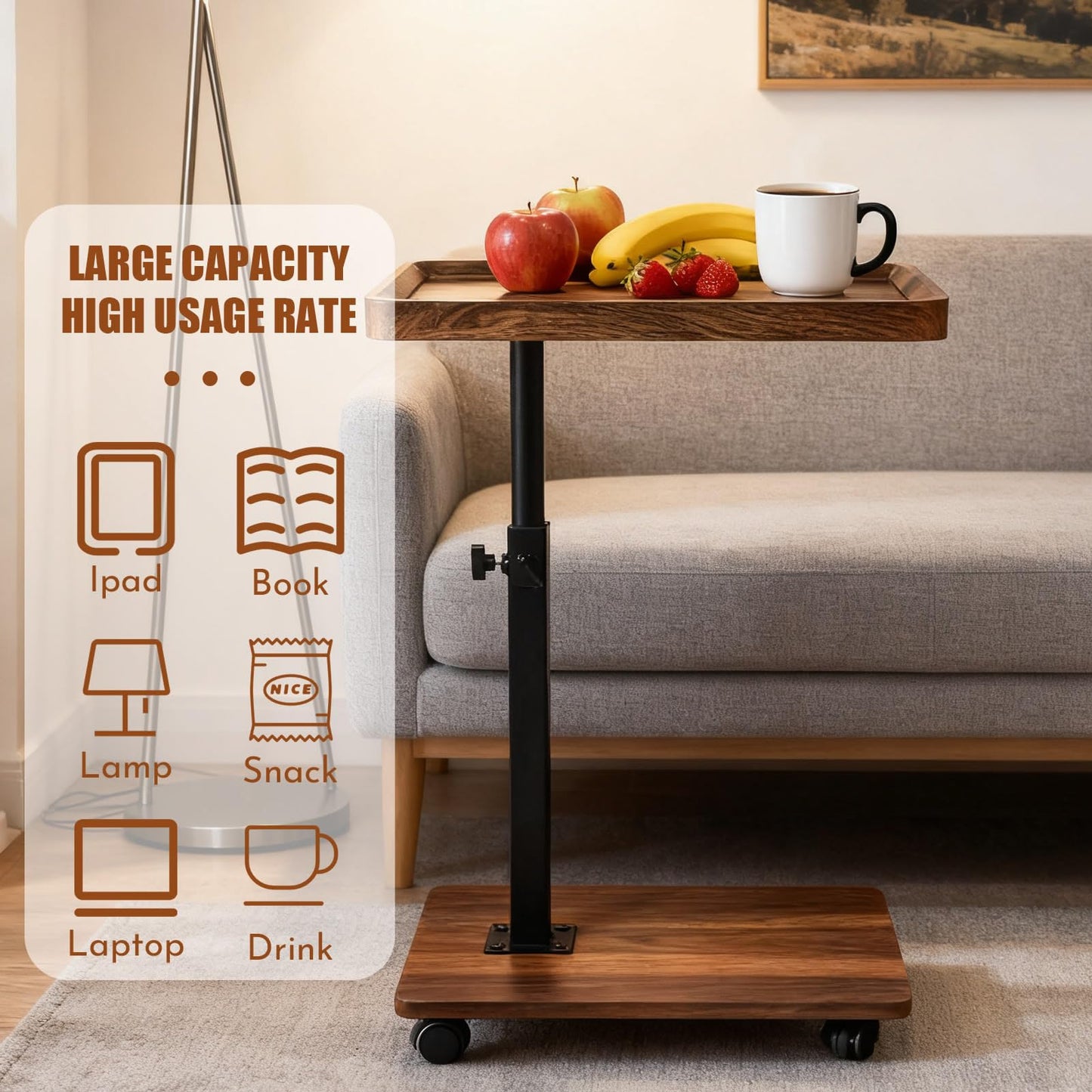 Adjustable Height C Shape Side Table,with 360 Degree Rotating Wheels ,Multifunctional Sofa Bed Side Table(Walnut Brown )