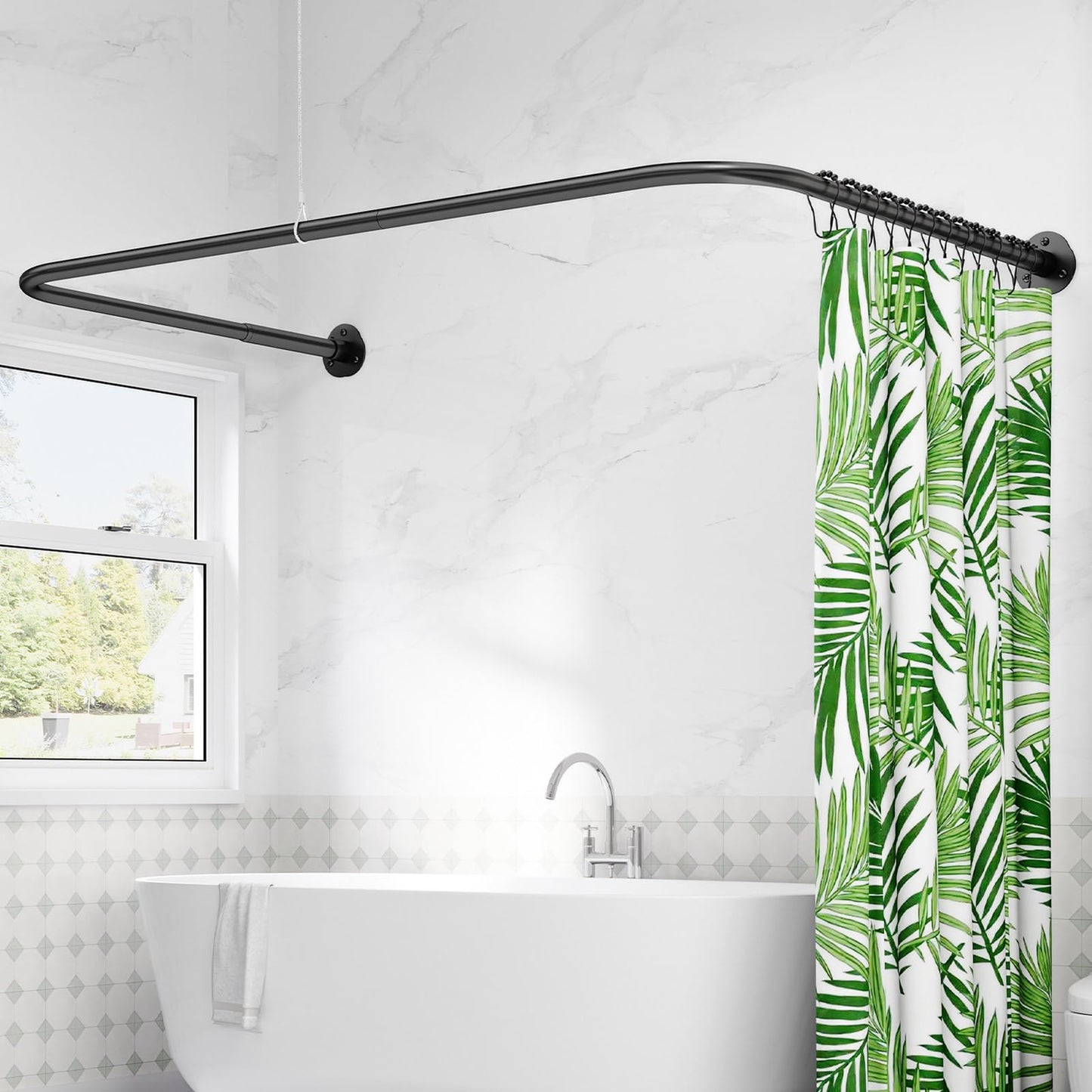 U Shaped/L Shaped Shower Curtain Rail, (60-91) X (78-196) X (60-91) cm Adjustable Curved Shower Curtain Pole With 12 Rings & Ceiling Support For