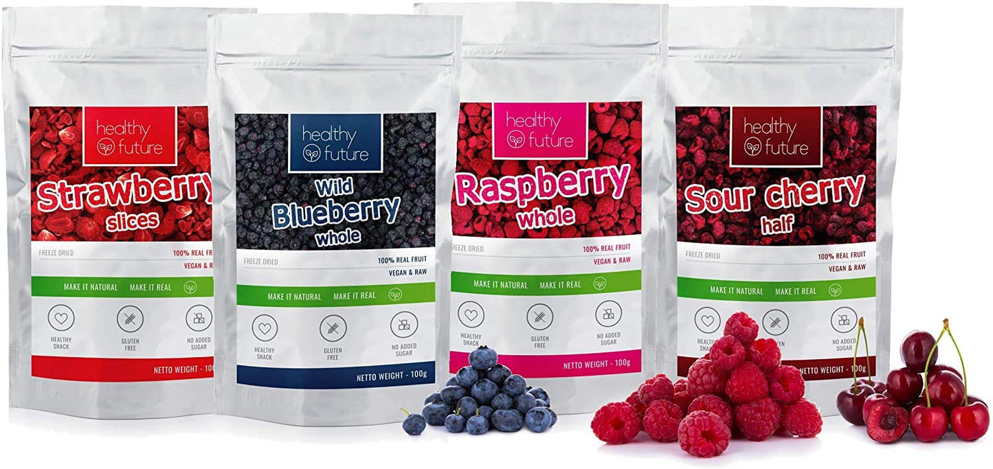 Healthy Future | 4X 100g Freeze Dried Strawberries, Raspberries, Wild Blueberries, Sour Cherries - Bundle Pack