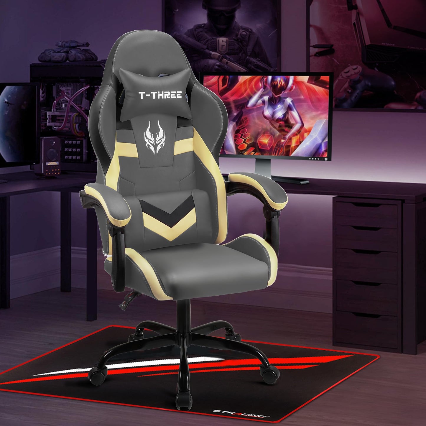T-THREE.Ergonomic high-back gaming, computer, office, study, swivel, and racing-style chair with adjustable lumbar and headrest support, 150kg weight