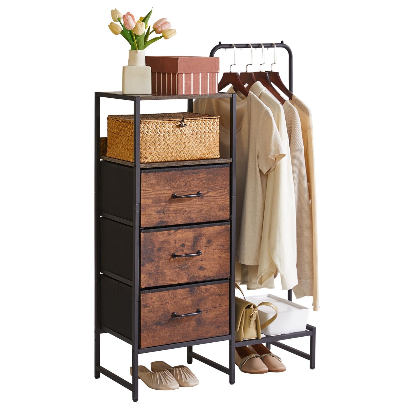 Aibiju Chest of Drawers Bedroom with 3 Fabric Drawers, Fabric Dresser with Shelf, Coat Hanger with Shoe Shelf & Shelves for Bedroom, Living Room,