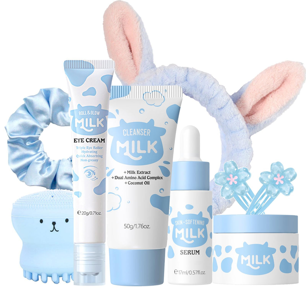 9PCS Milk Skin Care Sets & Kits for Teenage Girls-Moisturizing and Hydrating Skincare Sets- Facial Cleansing Brush & Cleanser, Serum, Face & Eye