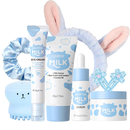 9PCS Milk Skin Care Sets & Kits for Teenage Girls-Moisturizing and Hydrating Skincare Sets- Facial Cleansing Brush & Cleanser, Serum, Face & Eye