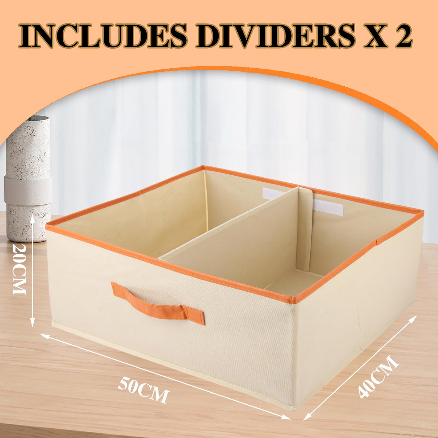 ASelected Large set of 2 storage boxes 50 x 40 x 20 CM Cupboard organiser with leather handle and divider Fabric storage box Foldable for wardrobe