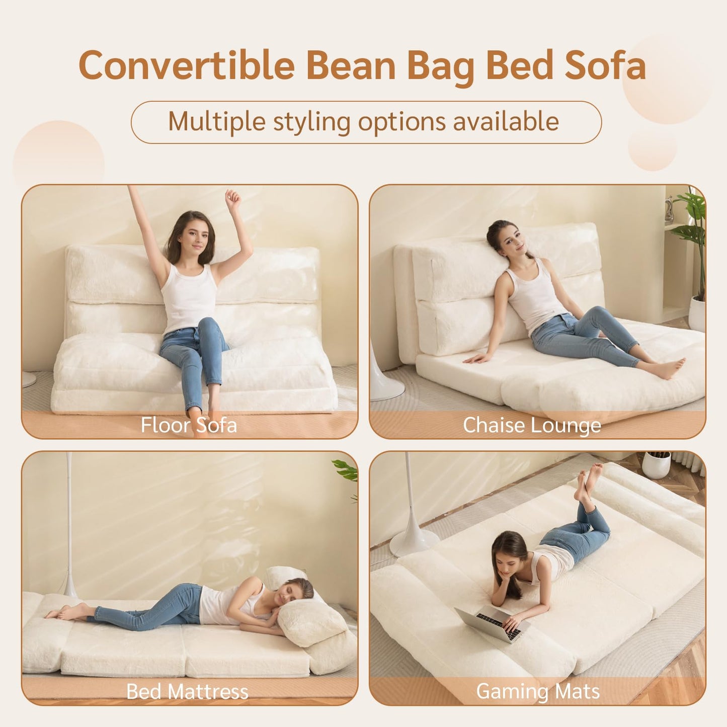 MAXYOYO Bean Bag Bed Folding Sofa Bed Mattress for Adults, Extra Thick 6 Fold Floor Couch for Bedroom Living Room, Beige, 100x240 cm