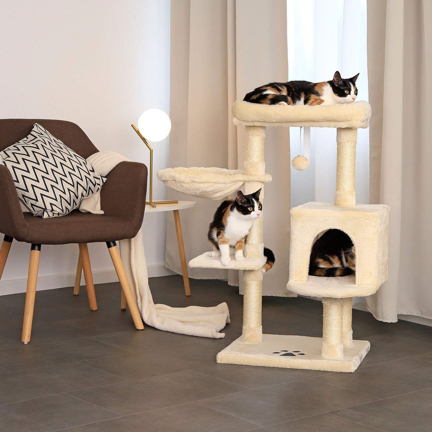 lionto Cat Scratching Post with Plush Ball Including Bell & Wall Bracket, Height 93 cm, Cat Tree with Sisal & Plush, Cosy Lying Surface & Caves,