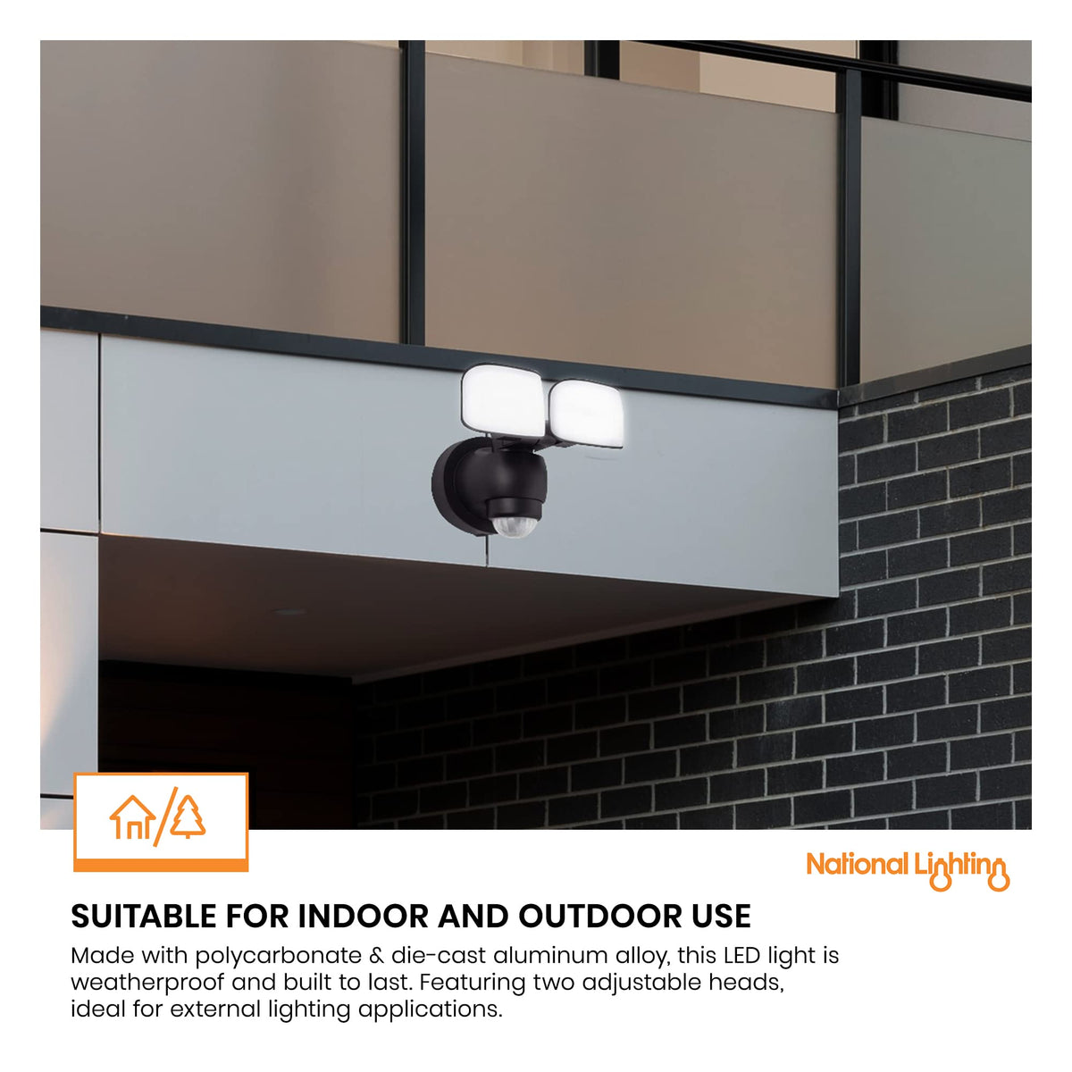 National Lighting Twin LED PIR Floodlight - IP44 Rated Outdoor Security Lights with Motion Sensor - Mains Powered Flood Lights Adjustable Double Head