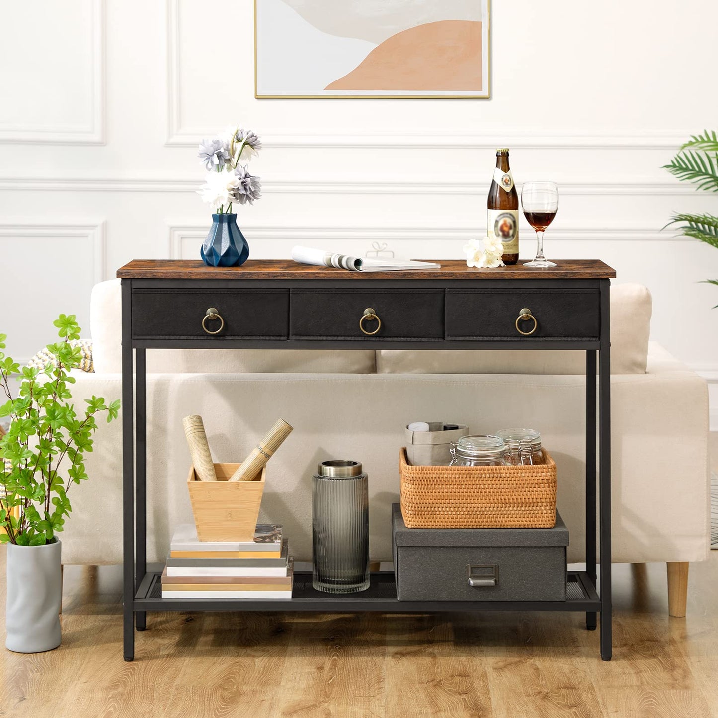 HOOBRO Console Table, Hallway Table, Slim Sofa Table with 3 Non-woven Drawers, Metal Mesh Frame, Sturdy, Narrow Side Table for Small Spaces, Entrance