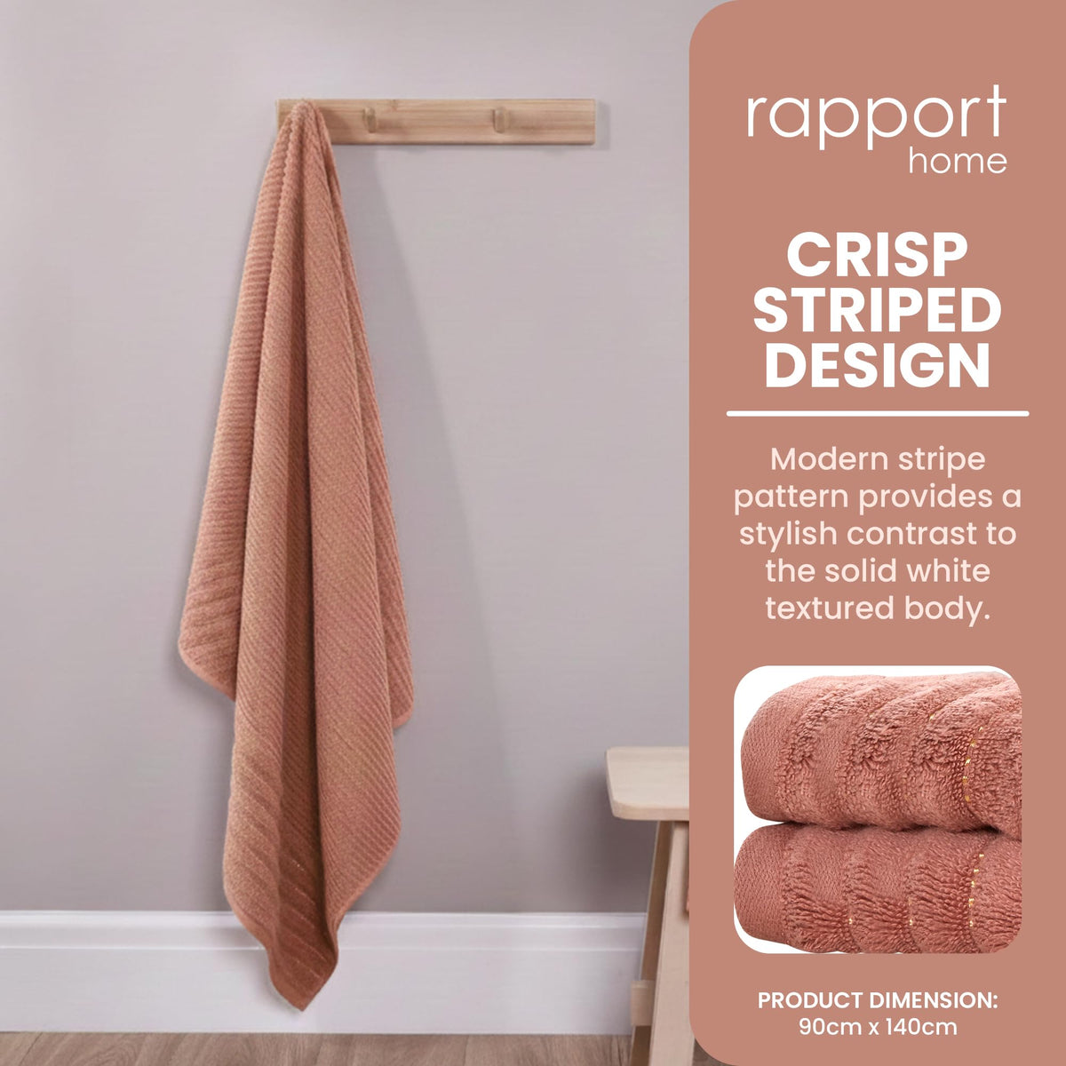 Rapport Home Linear Bath Sheets 2 Pack | Rose Red | 90x140cm | Luxurious 500GSM 100% Cotton | Oeko-Tex Certified Absorbent & Soft Bathroom Towels