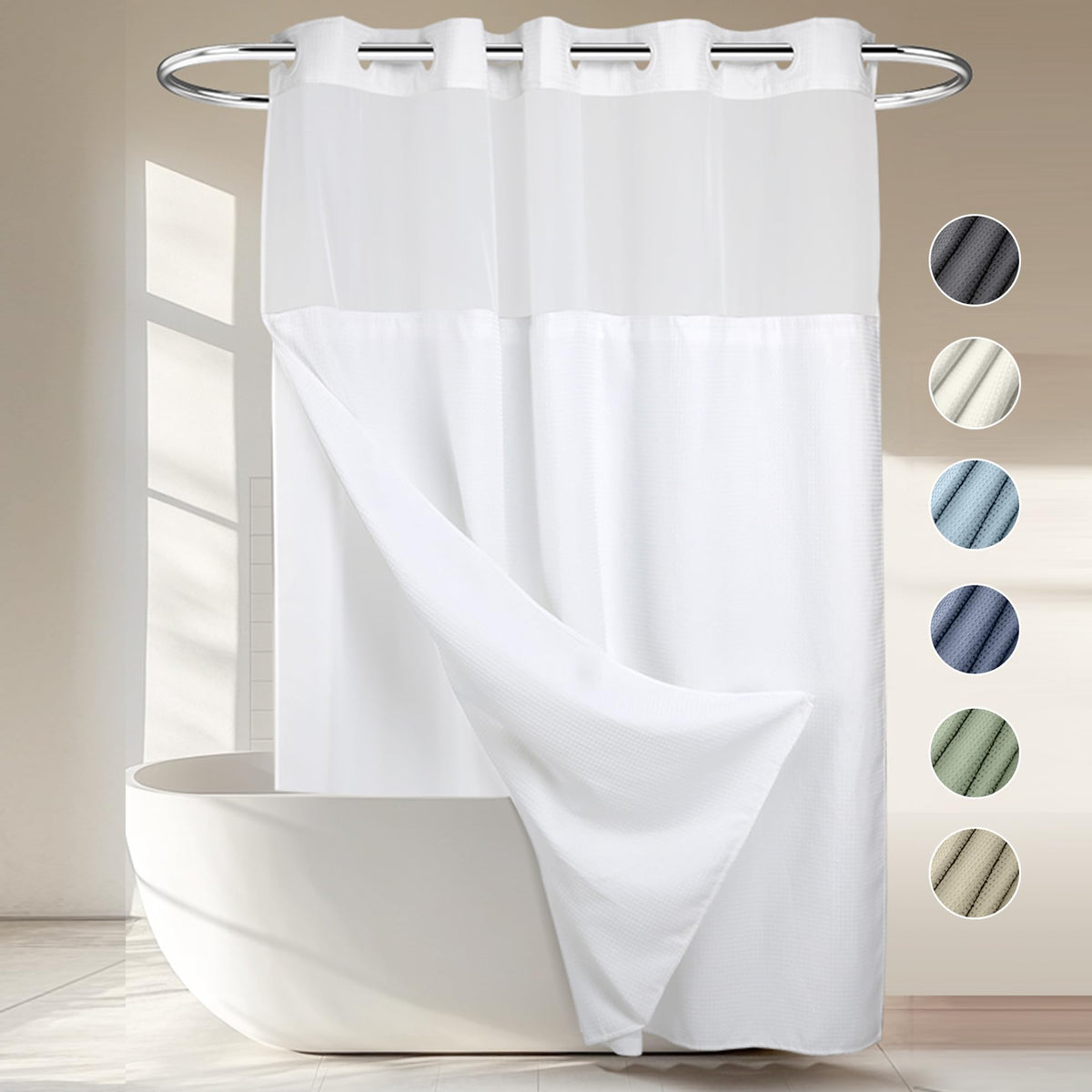 No Hooks Required Waffle Weave Shower Curtain with Snap in Liner - 71W x 74H,Hotel Grade,Spa Like Bath Curtain,White