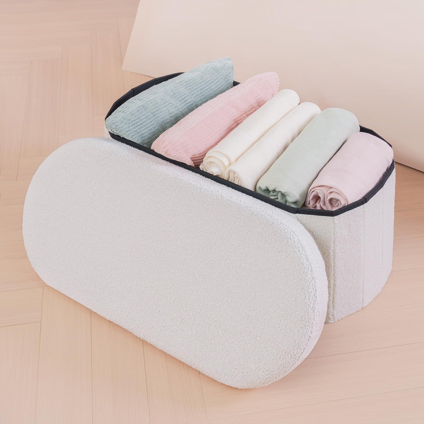 Bonlife Folding Ottoman Storage Bench,Boucle Footstool Oval, End of Bed Stool, Ideal for Living Room, Bedroom,76x38x38cm,White
