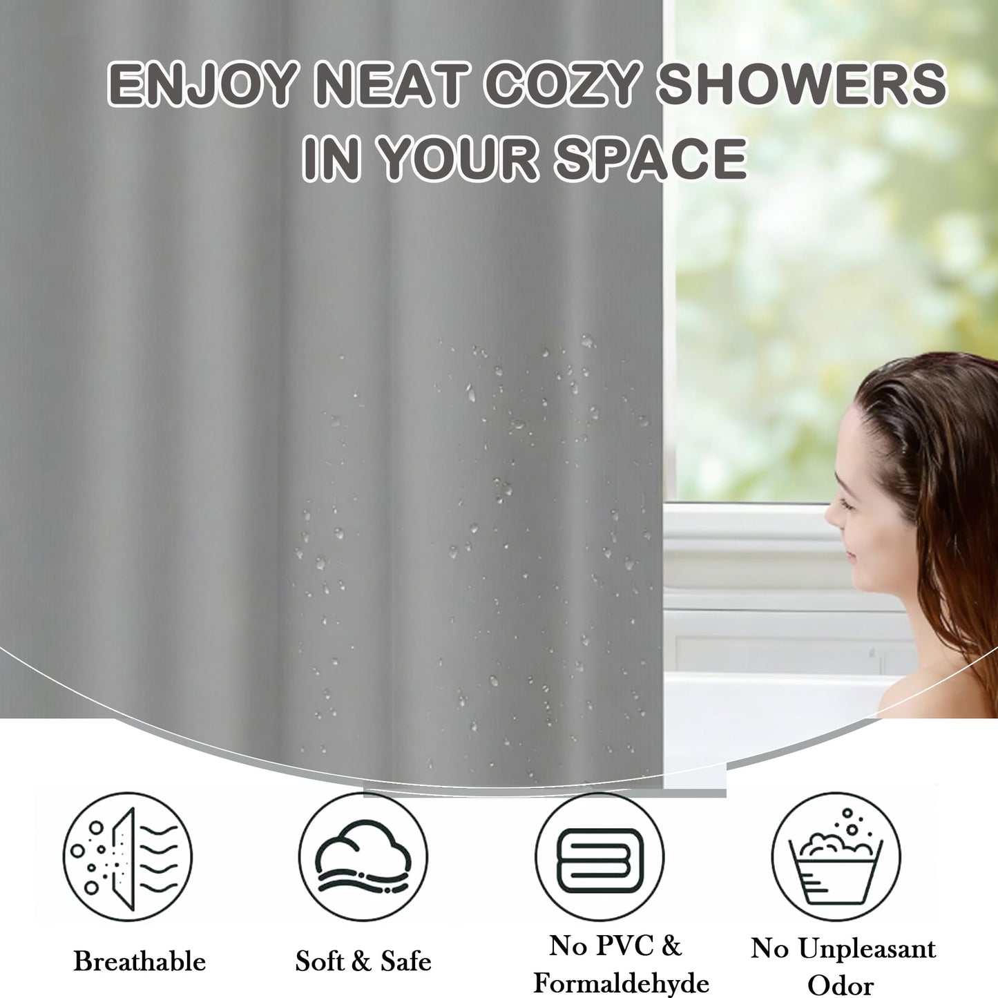 AmzDaKai Shower Curtain PEVA, Waterproof Anti-Mould Bath Curtain with Weight Tape & 12 Hooks, 180x180 cm (71x71 Inch) for Bathroom (Grey)