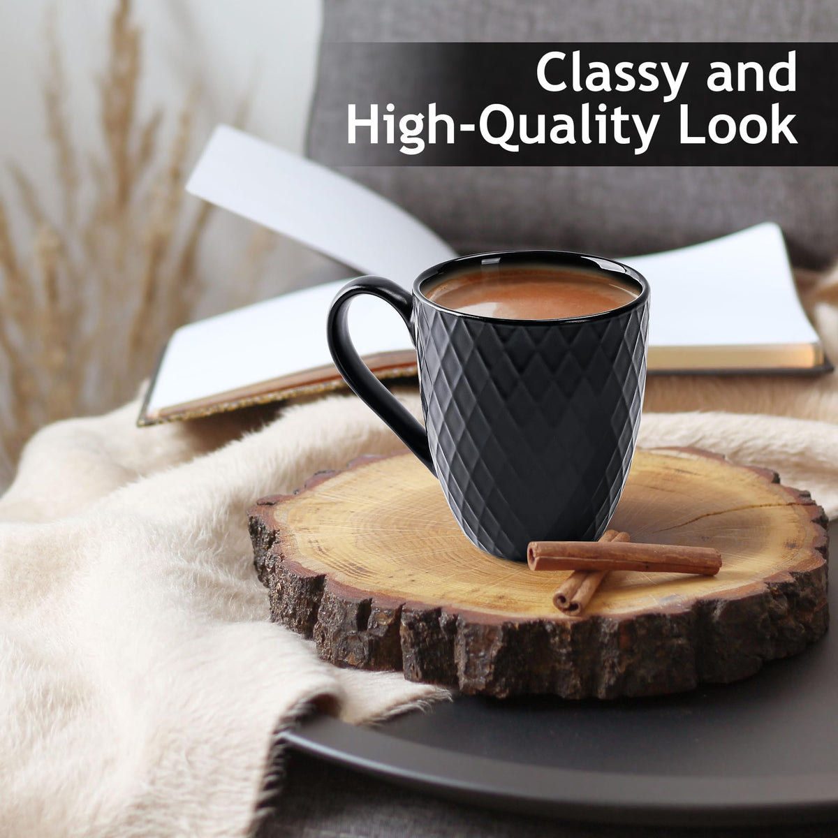 MIAMIO  6 x 400 ml  Coffee Mug Set/Mug - Modern Ceramic Mug Matt - Coffee Mug Large - Palmanova Collection (Black)