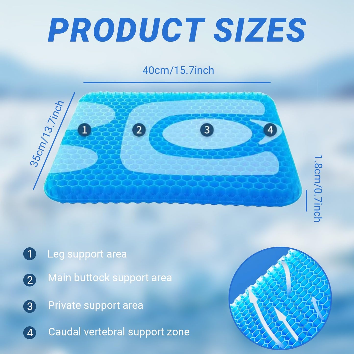 Gel Seat Cushion, Large Gel Seat Cushion for Long Sitting with Non-Slip Covers, Breathable Honeycomb Cushion Pressure-Relieving for Office Chair/Car