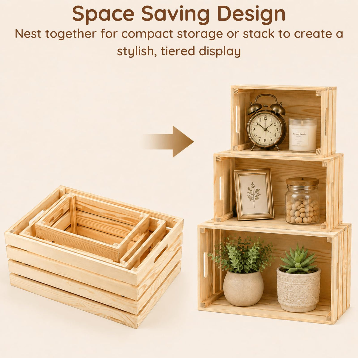 YOUEON Set of 3 Rustic Wooden Nesting Crates with Handles, Decorative Wooden Crates, Crate Box Wooden Storage Box for Kitchen, Office, Bedroom