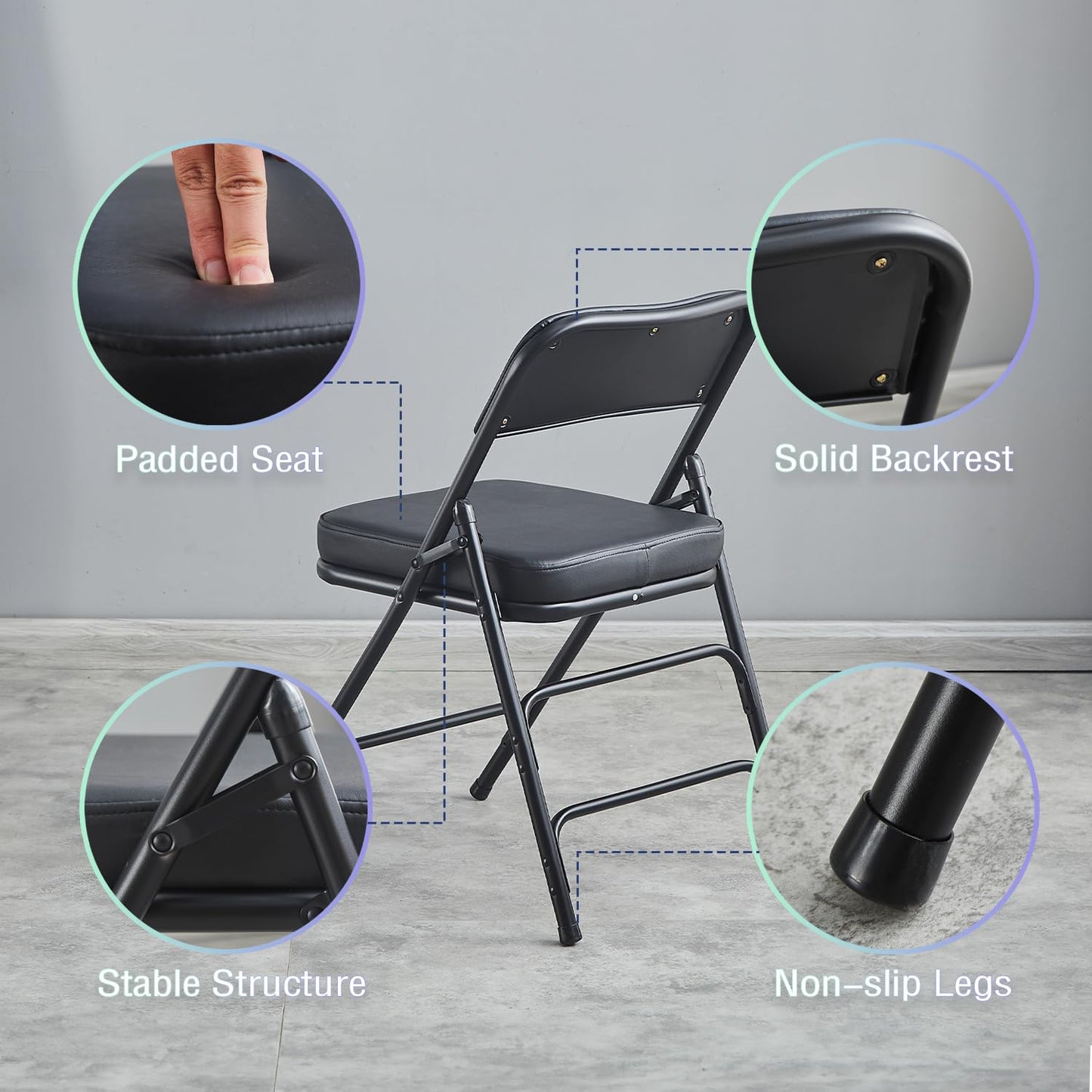 KAIHAOWIN Folding Chairs with Ultra Thick Padded Seat Foldable Chair Indoor Comfortable Metal Chairs with Soft Cushion Black-2 Pack