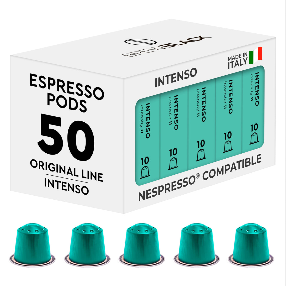 BrewBlack Intenso Coffee Capsules - 50 Aluminium Coffee Pods Compatible with Nespresso Original line, Dark Roast - Intensity 11/12, Made in Italy