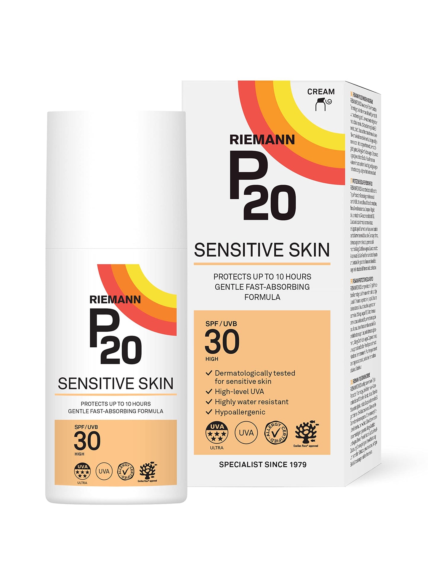 RIEMANN P20 SPF30 Sensitive Sun Cream 200ml, High Level UVA Protection for up to 10 Hours, Allergy Certification, Water Resistant, Durable & Long