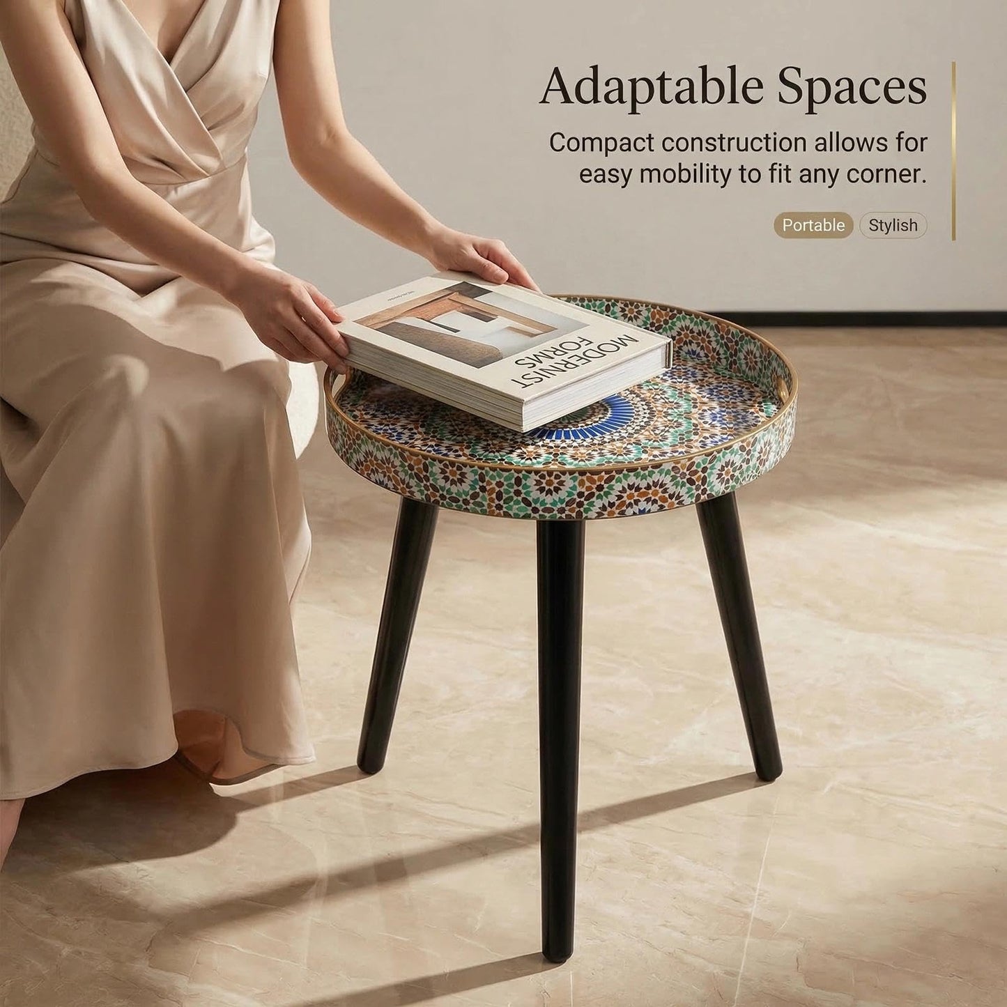 Simmer Stone Round Indoor Side Tables with Detachable Wooden 3 Legs, Versatile Tray Table, Perfect For Round Coffee Table Tea