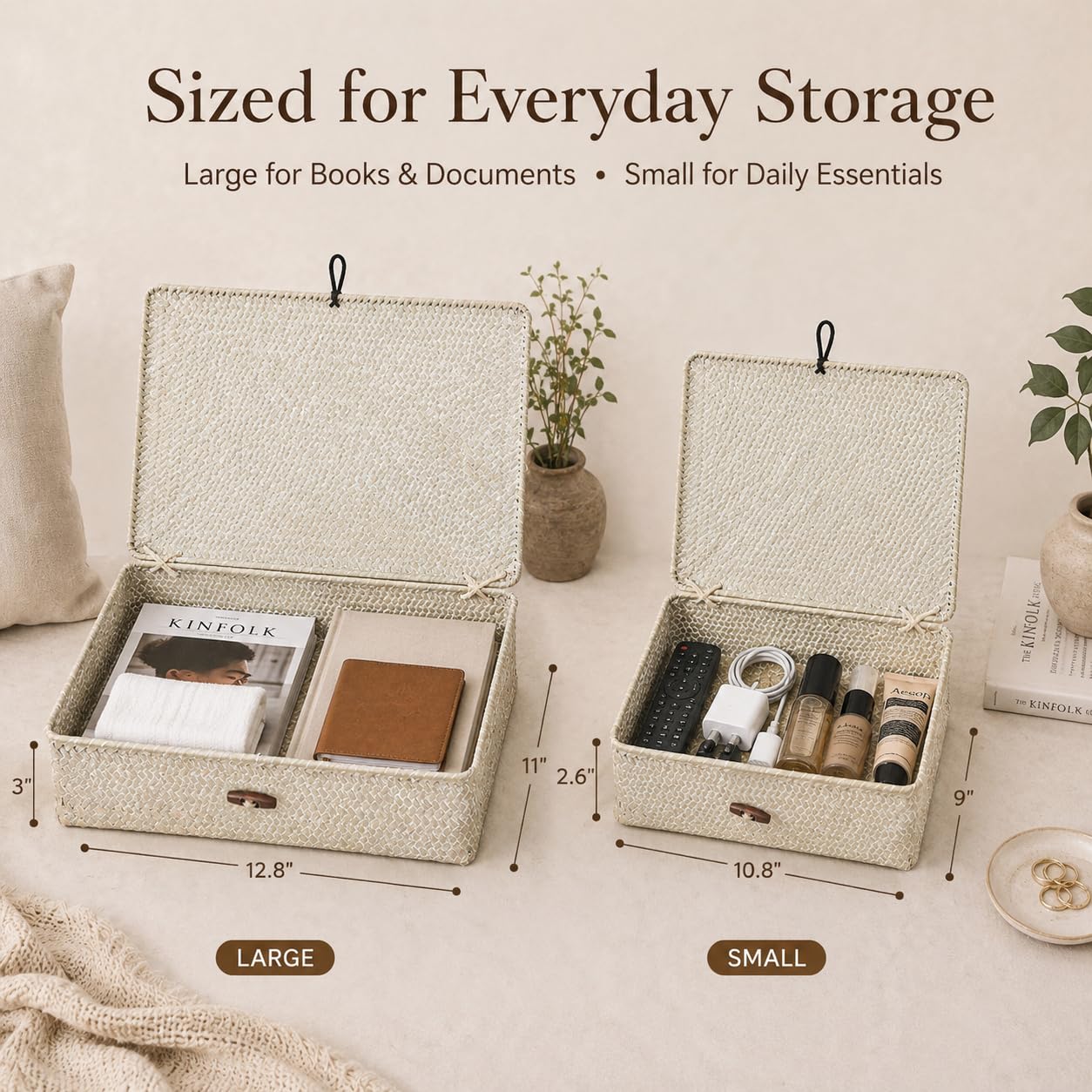 YANGQIHOME - Set of 2 Seagrass Baskets with Lids, Rectangular Woven Storage Baskets, Natural Wicker Boxes for Coffee Table, Shelf