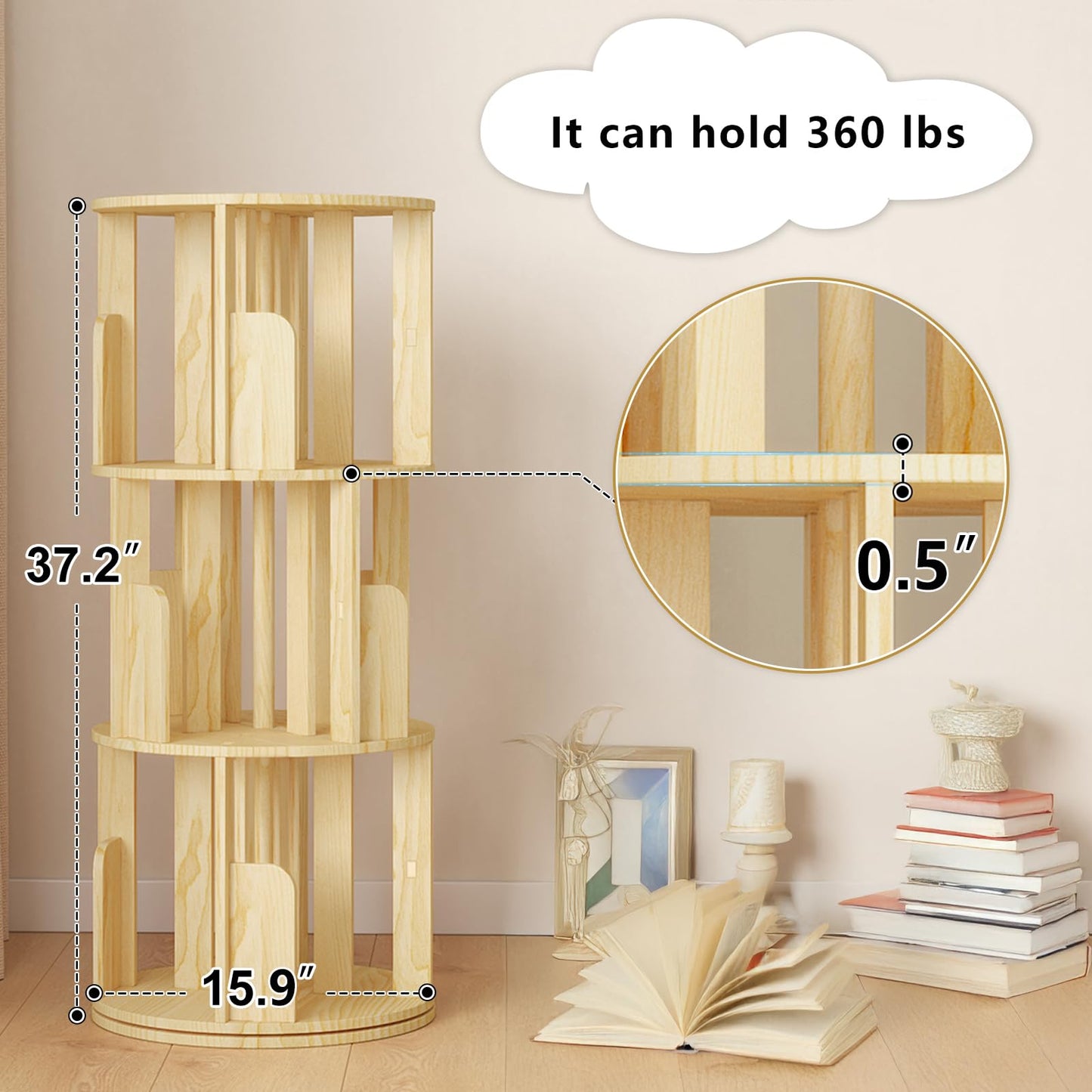 YGYQZ Rotating Bookshelf, 3 Tier Floor Standing Bookcase Wood 360 Display Narrow Book Shelf Organizer for Kids & Adult Storage Rack for Bedroom