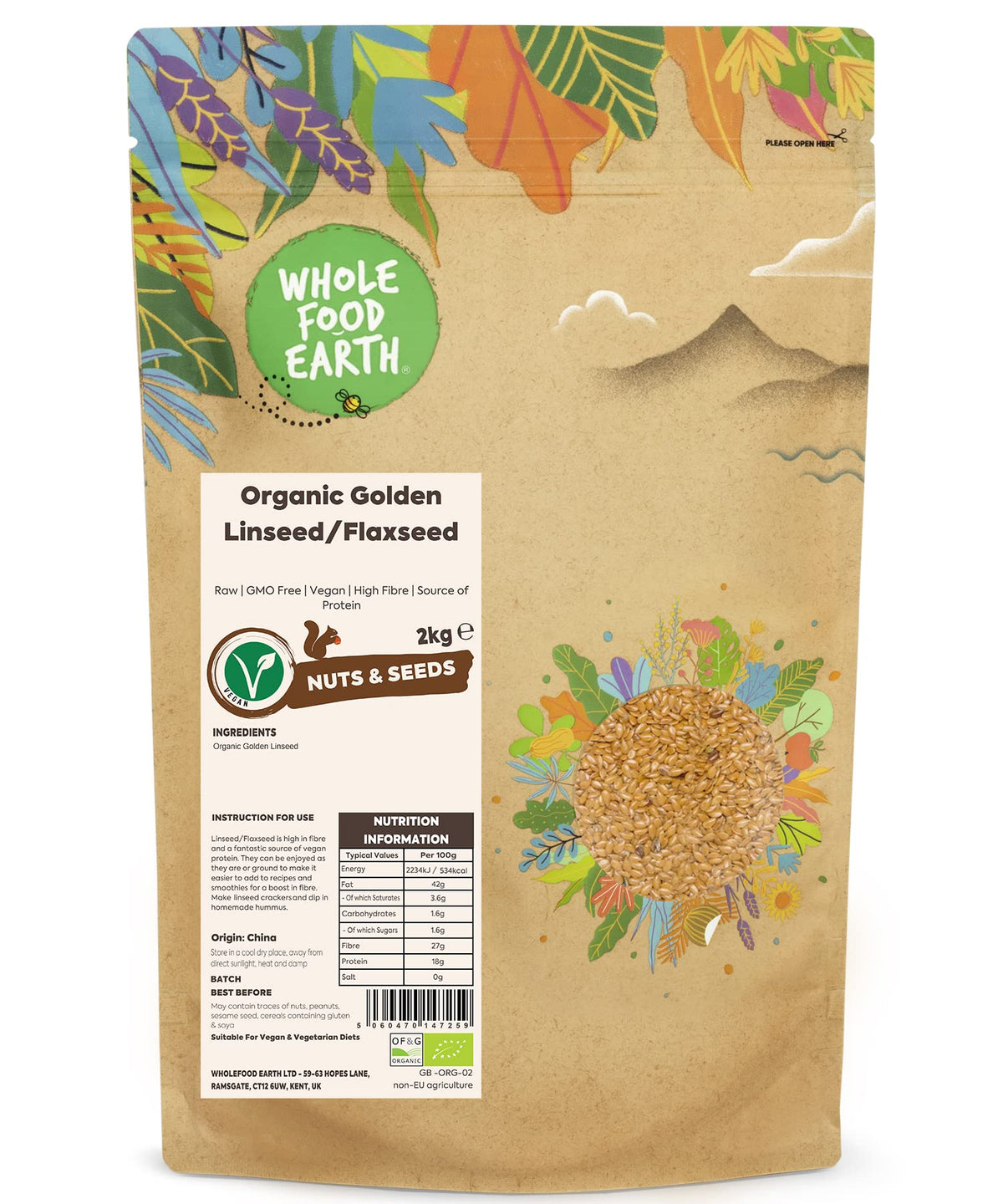 Wholefood Earth Organic Golden Linseed/Flaxseed ? 2 kg | Raw | GMO Free | Vegan | High Fibre | Source of Protein | Certified Organic