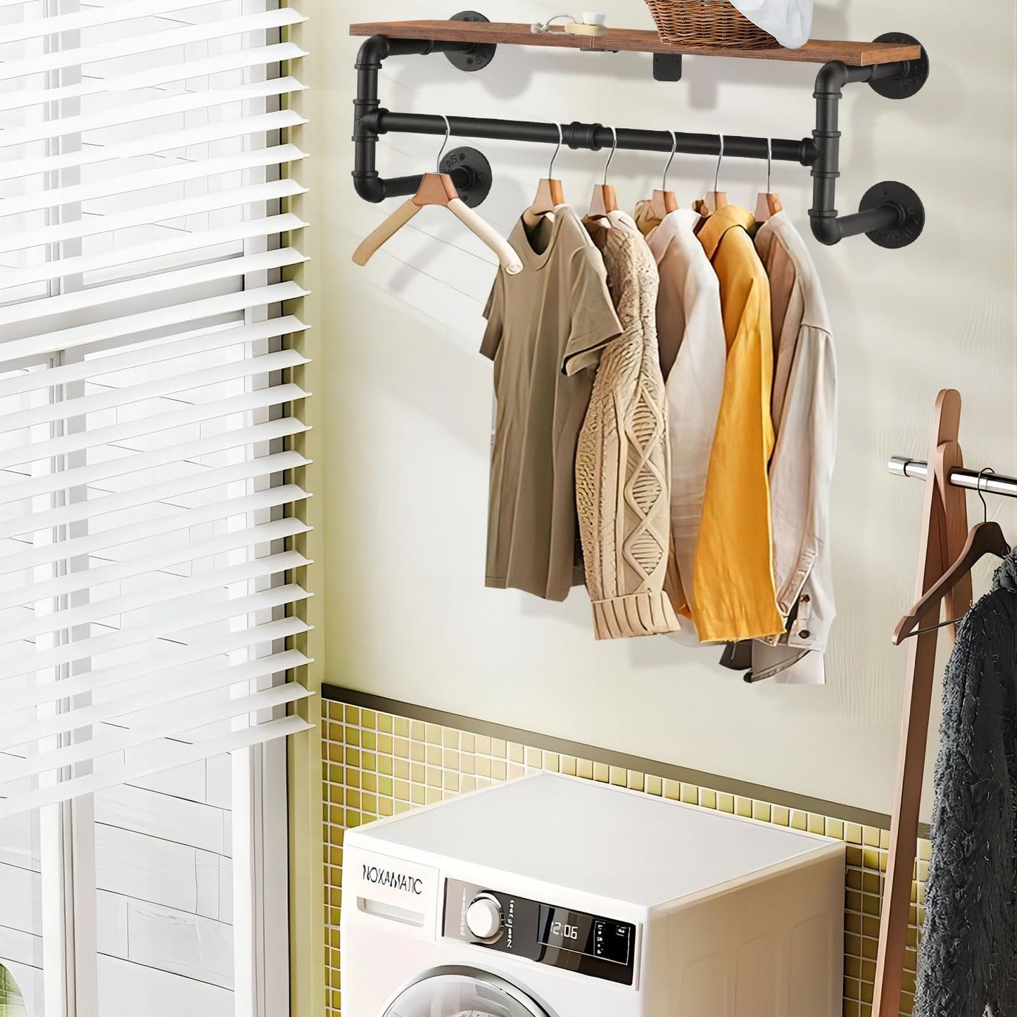 Yawinhe Industrial Pipe Clothes Rack with Top Shelf, 70cm Space Saving Hanger with 4 Bases, Multi Purpose Hanging Rod for Shops, Homes, and Closets