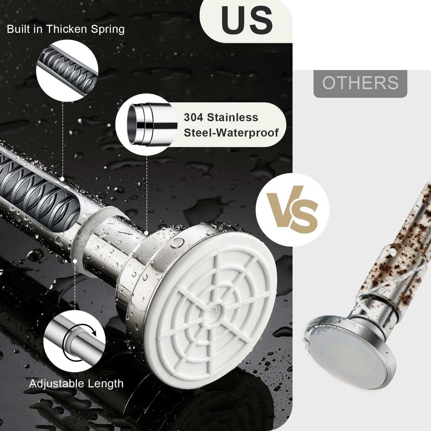 2PCS Shower Curtain Rod Stainless Steel Extendable Shower Curtain Pole No Drilling Tension Rod for Clothes Shower Curtain Rail Net Curtain Poles for