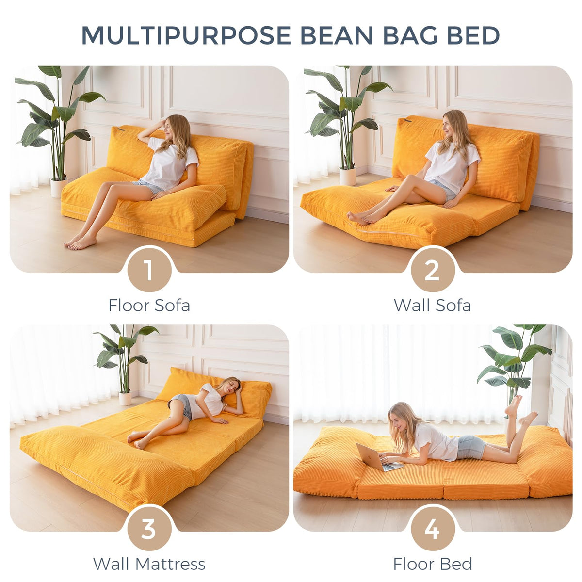 MAXYOYO Folding Corduroy Sofa Bean Bag Bed Chair Foam Filling Extra Thick 4 Fold Floor Couch Matress for Adults