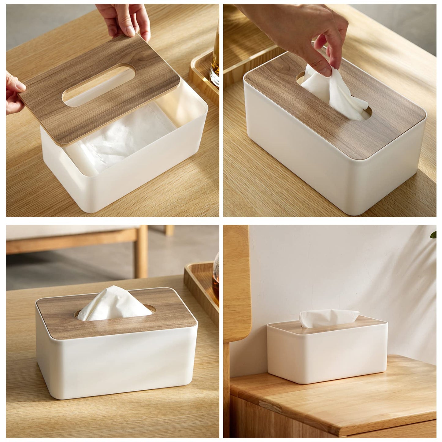 Tissue Box with Bamboo Top, Rectangular, Plastic, Tissue Dispenser Box for Living Room, Office, Car, Bathroom (White)