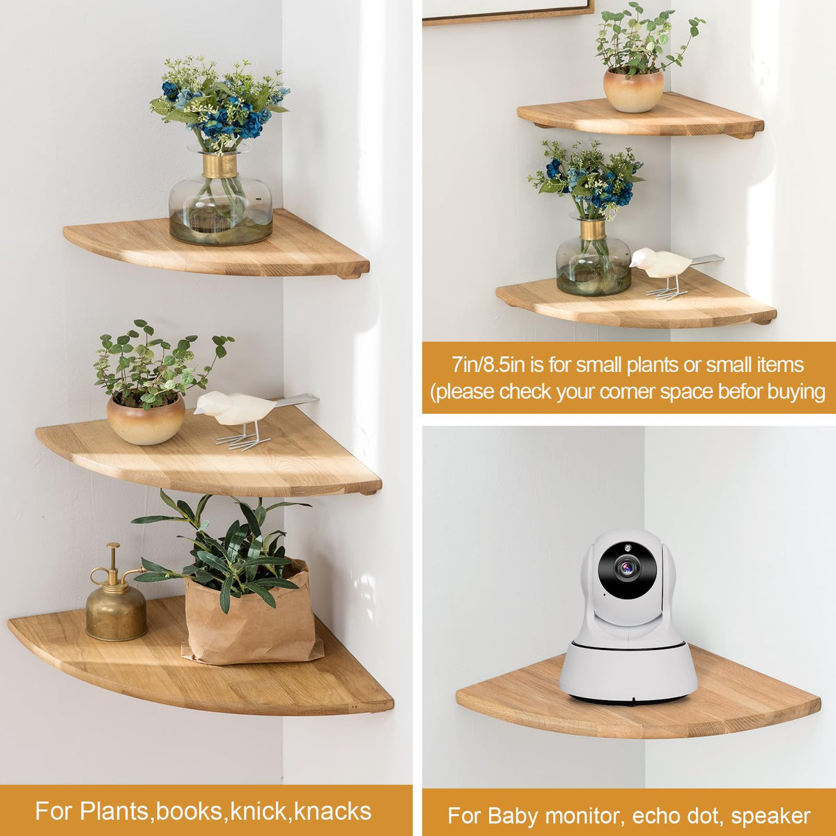 GIEANOO Natural Oak Corner Shelves Wall Mount, Set of 3 Oak Wood Floating Corner Wall Shelves Floating Speaker Small Corner Plant Stand for
