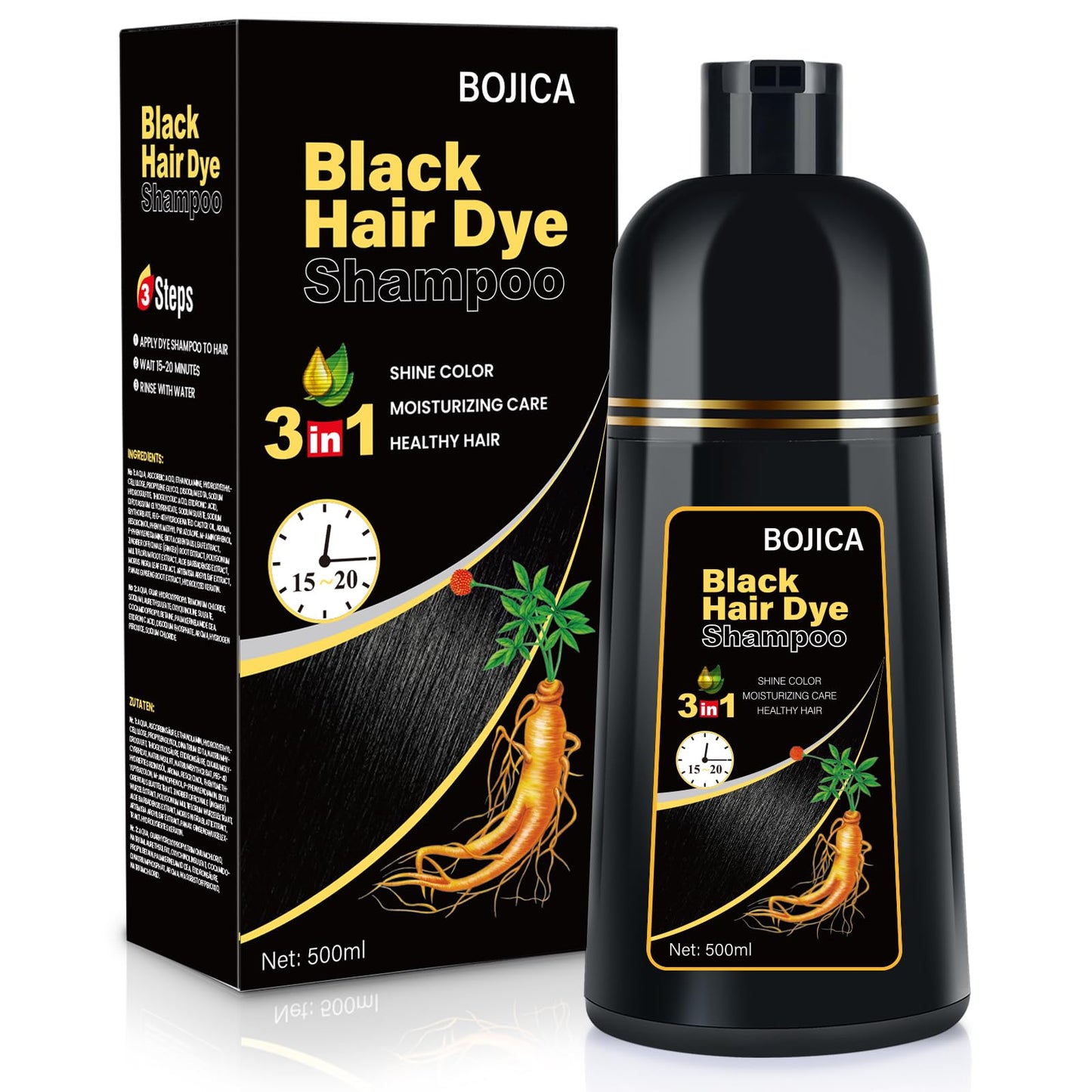 Black Hair Dye Shampoo for Gray Hair Coverage, 3-in-1 Semi-Permanent Color Shampoo Herbal Ingredients for Women & Men 500ml