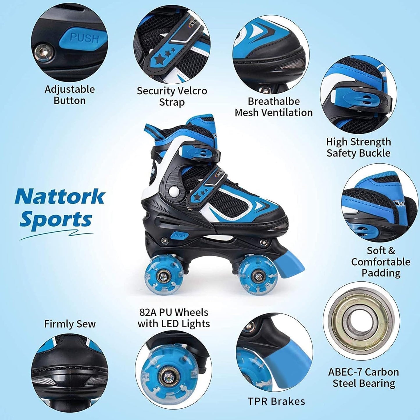 Nattork Kids Roller Skates for Boys Girls, 4 Sizes Adjustable Roller Skates with All Light up Wheels, Full Protection for Children's Indoor Outdoor