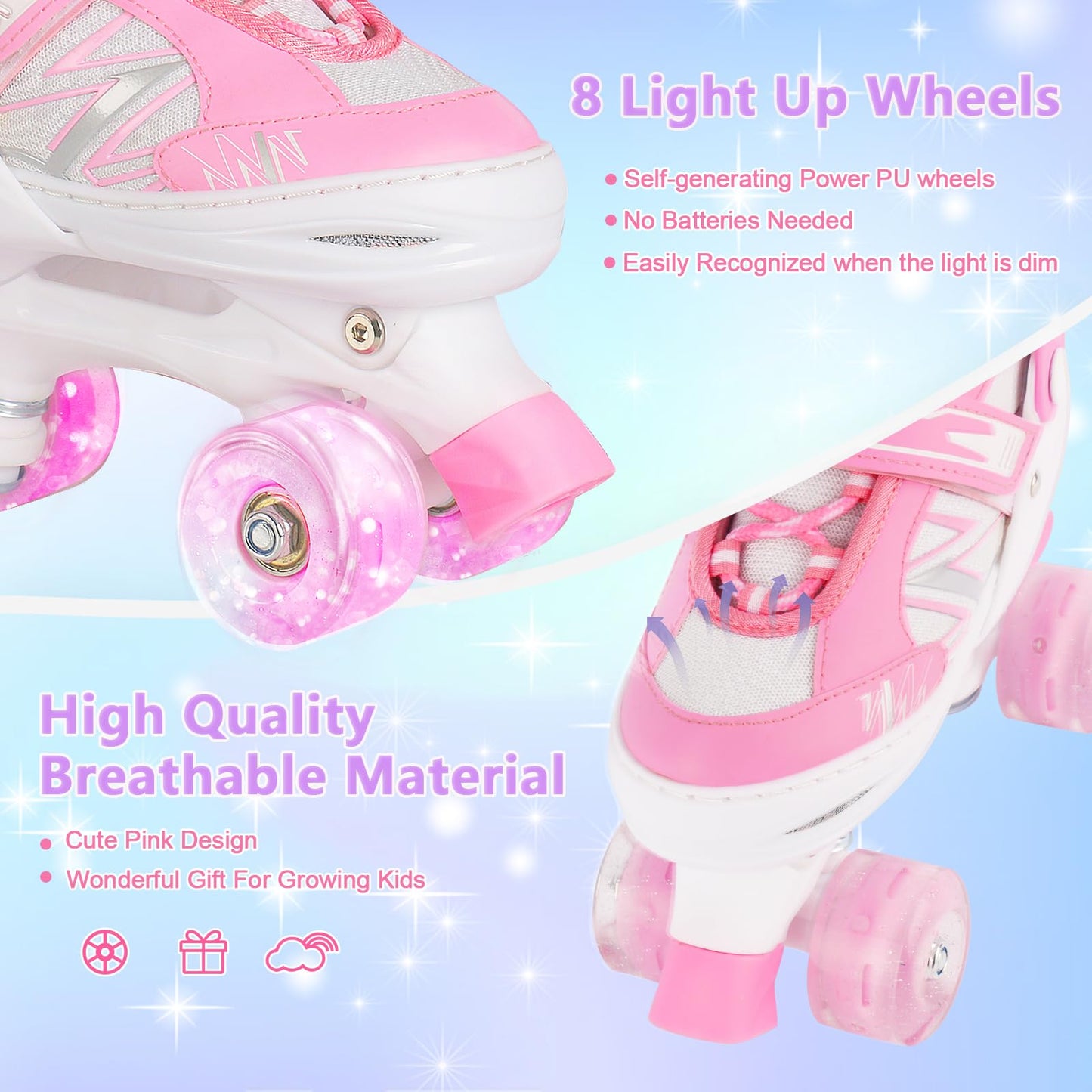 Kids Girls Roller Skates For Toddler Child Beginner, 4 Sizes Adjustable Kids Roller Skates with Light Up Wheels (Pink White, Small)