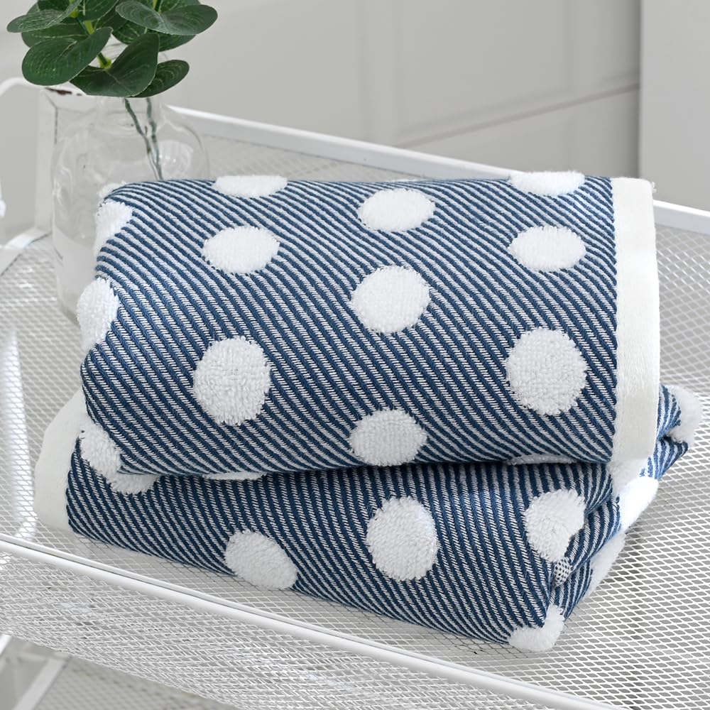sense gnosis Navy Hand Towels 100% Cotton Super Soft Absorbent Jacquard Herringbone Striped Pattren White Terry Polka Dot Hand Towels for Bathroom