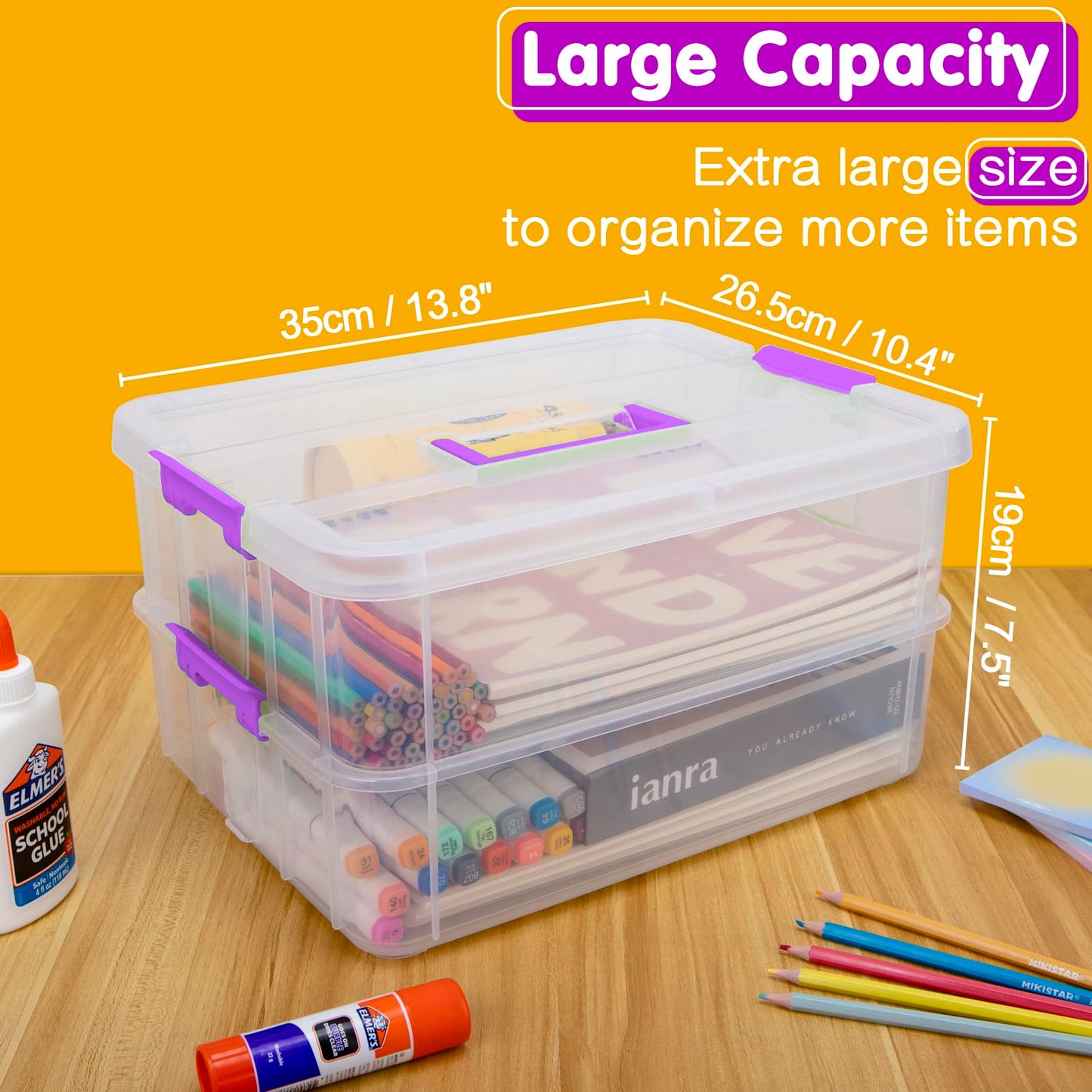 Creahaus 2 Layer Plastic Storage Containers with Lids, Multipurpose Clear Stack & Carry Box