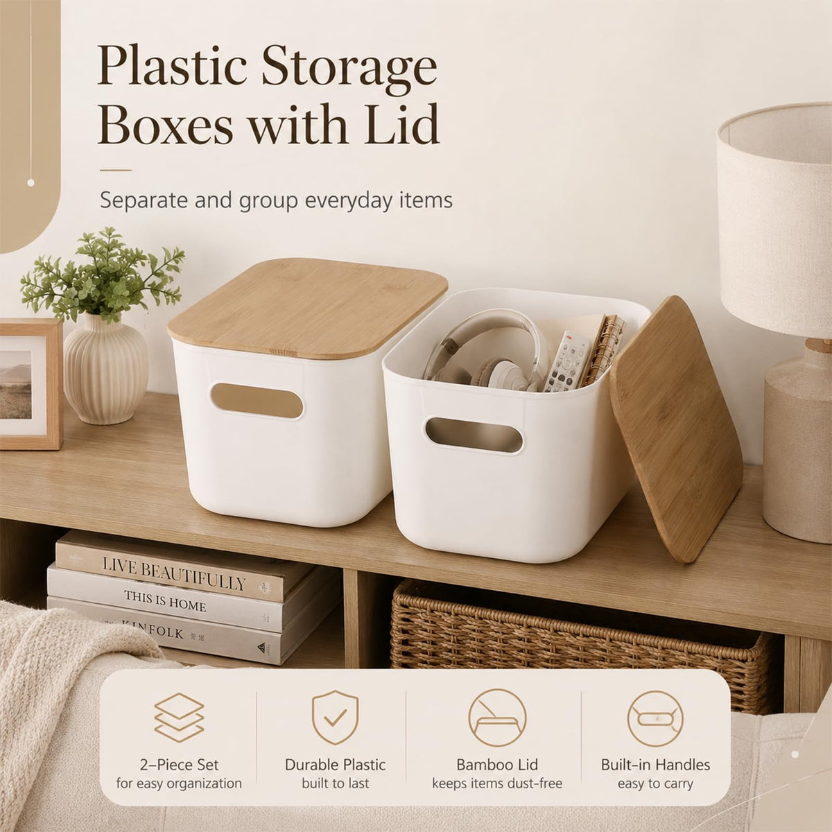 YAGOKKI 2 Pack Plastic Storage Boxes with Lid, 9.8 x 6.8 x 6.0 in Organising Boxes with Wood Lid, Stackable White Storage Box for Desktop Office